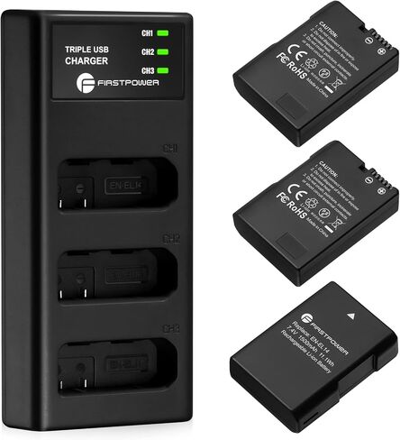 بطارية FirstPower EN-EL14/EN-EL14a مكونة من 3 قطع مع شاحن ثلاثي الفتحات لنيكون D3500، D3400، D3300، D3200، D3100، D5600، D5500، D5300، D5200، D5100، DF، Coolpix P7000، P7100، P7700، P7800 الكاميرات in Saudi Arabia