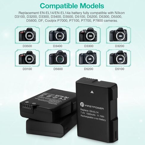 بطارية FirstPower EN-EL14/EN-EL14a مكونة من 3 قطع مع شاحن ثلاثي الفتحات لنيكون D3500، D3400، D3300، D3200، D3100، D5600، D5500، D5300، D5200، D5100، DF، Coolpix P7000، P7100، P7700، P7800 الكاميرات in Saudi Arabia