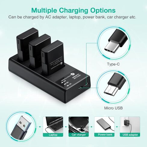 بطارية FirstPower EN-EL14/EN-EL14a مكونة من 3 قطع مع شاحن ثلاثي الفتحات لنيكون D3500، D3400، D3300، D3200، D3100، D5600، D5500، D5300، D5200، D5100، DF، Coolpix P7000، P7100، P7700، P7800 الكاميرات in Saudi Arabia