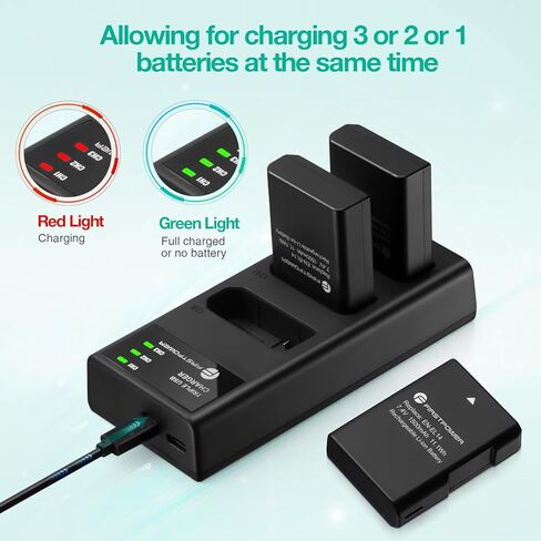 بطارية FirstPower EN-EL14/EN-EL14a مكونة من 3 قطع مع شاحن ثلاثي الفتحات لنيكون D3500، D3400، D3300، D3200، D3100، D5600، D5500، D5300، D5200، D5100، DF، Coolpix P7000، P7100، P7700، P7800 الكاميرات in Saudi Arabia
