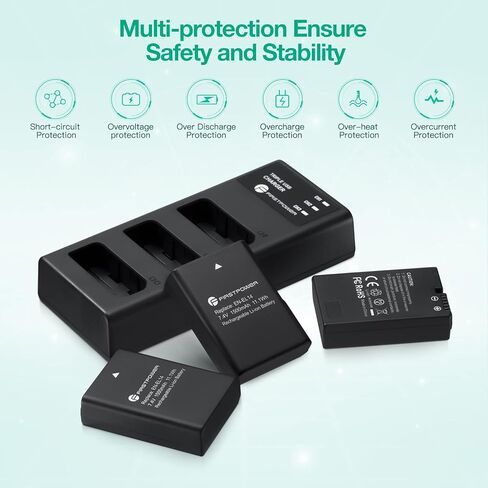 بطارية FirstPower EN-EL14/EN-EL14a مكونة من 3 قطع مع شاحن ثلاثي الفتحات لنيكون D3500، D3400، D3300، D3200، D3100، D5600، D5500، D5300، D5200، D5100، DF، Coolpix P7000، P7100، P7700، P7800 الكاميرات in Saudi Arabia