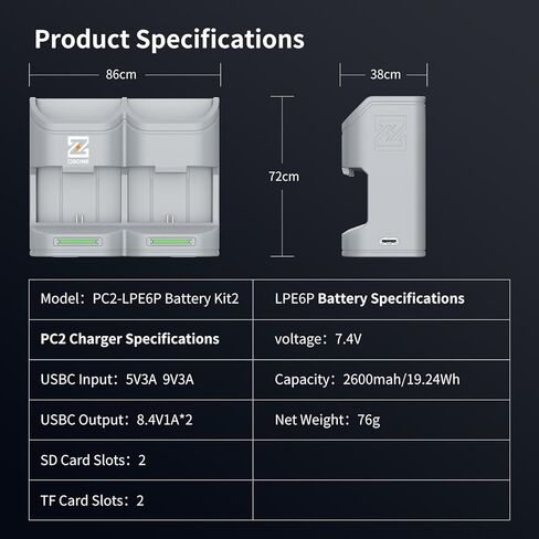 مجموعة بطارية وشاحن بديلة ZGCINE LP-E6P، عبوتان LP-E6P 2600 مللي أمبير في الساعة لكاميرات Canon R,R5,R6,R7,R5MarkII,R6MarkIII, R6MarkII,R5C,60D,70D,80D,90D,5DS,5DSR,5DMark II/III/IV in Saudi Arabia