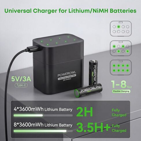 POWEROWL Rechargeable Lithium AA Batteries 8 Pack with Charger, 1.5V Constant Output 3600mWh Double A Battery with Lithium/NiMH Charger Storage Box for Camera/Game Controller in Saudi Arabia