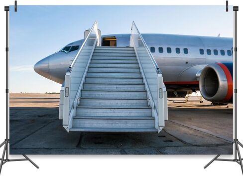 Airplane Backdrop Passenger Aircraft with Boarding Steps at The Airport Apron Background Airplane Birthday Party Decorations Trave Portrait Photo Booth Studio Props 10x8ft in Saudi Arabia