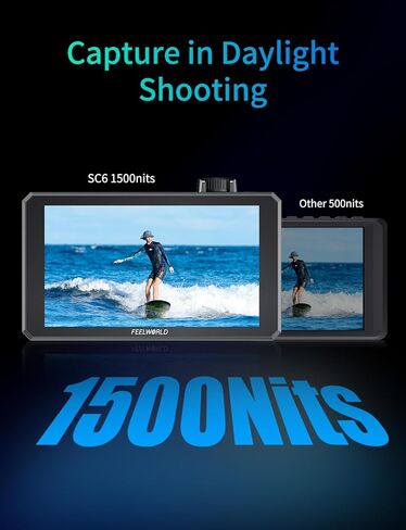 FEELWORLD SC6 6 Inch 1500nit 3G-SDI FHD Touch Aluminum Field DSLR Camera Monitor with NP-F750 Battery 4K HDMI60Hz in/Out 3D LUT HDR Multi Function Knob for Outdoor & Filmmaking, Carry Case & Sunshade in Saudi Arabia