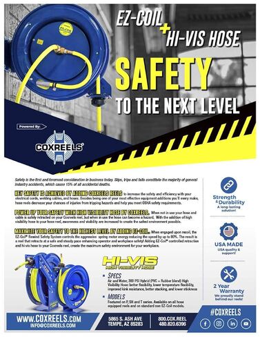 Coxreels P-LP-350-HV Retractable Low Pressure Spring Rewind Hose Reel: 3/8" I.D., 50' Hose Capacity, with high Visibility Safety Hose, 300 PSI, Made in USA in Saudi Arabia