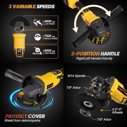 Cordless Angle Grinder Compatible for Dewalt 20V Max Battery, 3 Variable Speed 4-1/2 Power Angle Grinder Tool with Brushless Motor, 1x9.0Ah Battery, LED, 9500RPM, Slide Lock Switch and Rotatable Head in Saudi Arabia