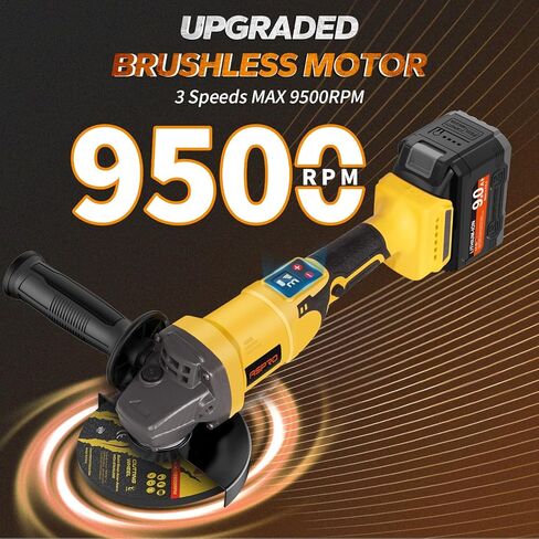 Cordless Angle Grinder Compatible for Dewalt 20V Max Battery, 3 Variable Speed 4-1/2 Power Angle Grinder Tool with Brushless Motor, 1x9.0Ah Battery, LED, 9500RPM, Slide Lock Switch and Rotatable Head in Saudi Arabia