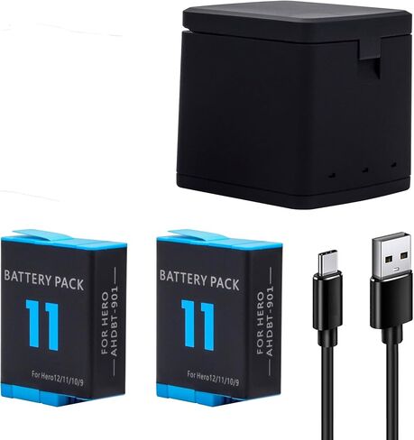2-Pack Hero 11 Battery for Hero 11, Hero 10, Hero 9 Black Sport Action Camera with 3 Channel Battery Charging Station Power Fast Portable Accessory High Capacity in Saudi Arabia