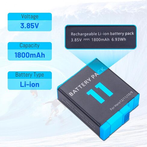 2-Pack Hero 11 Battery for Hero 11, Hero 10, Hero 9 Black Sport Action Camera with 3 Channel Battery Charging Station Power Fast Portable Accessory High Capacity in Saudi Arabia