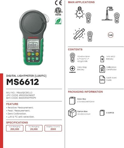 MGL MASTECH MS6612 MS6612B MS6612D مقياس Luxmeter الرقمي 200,000 متعدد الوظائف مقياس الإضاءة لوكس ضوء متر اختبار الأطياف المدى التلقائي الذروة عالية الدقة (MS6612) in Kuwait