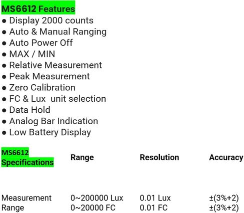 MGL MASTECH MS6612 MS6612B MS6612D مقياس Luxmeter الرقمي 200,000 متعدد الوظائف مقياس الإضاءة لوكس ضوء متر اختبار الأطياف المدى التلقائي الذروة عالية الدقة (MS6612) in Kuwait