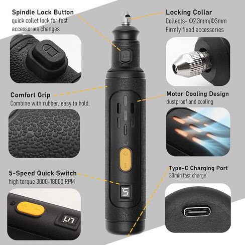 مطحنة صغيرة 8 فولت لمعالجة ما بعد الطباعة ثلاثية الأبعاد، مطحنة كهربائية محمولة مع مجموعة ملحقات 60 في 1، أداة دوارة للتلميع/النقش/القطع على مطبوعات FDM وSLA ثلاثية الأبعاد in Kuwait