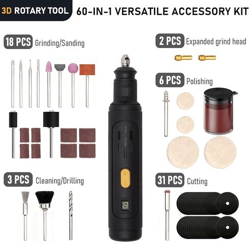 مطحنة صغيرة 8 فولت لمعالجة ما بعد الطباعة ثلاثية الأبعاد، مطحنة كهربائية محمولة مع مجموعة ملحقات 60 في 1، أداة دوارة للتلميع/النقش/القطع على مطبوعات FDM وSLA ثلاثية الأبعاد in Kuwait