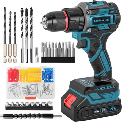 21V Brushless Cordless Drill Set, PowerDrill with 2.0Ah Battery and Charger, 575 Inch Pounds, 3/8" Metal Keyless Chuck ElectricDrill, Compact Design, 25+1Position, 87Pcs Accessories, Gifts for Dad Men in Kuwait