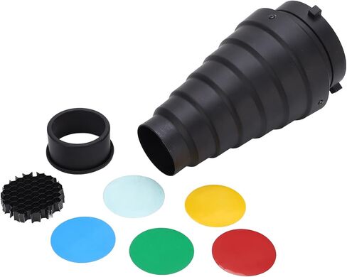 Tbest Flash Snoot Mount Conical Kit أنبوب مكثف للتصوير الفوتوغرافي للاستوديو صور فيديو احترافية معدن أسود أحمر أزرق أصفر أخضر شفاف 281 جرام in Kuwait