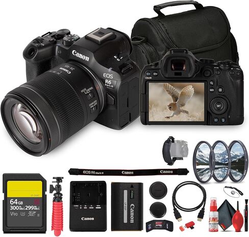 كاميرا Canon EOS R6 Mark III مع عدسة 24-105 مم f/4-7.1 RF | جودة صورة بإطار كامل بدقة 32.5 ميجابكسل، والتقاط RAW بدقة 7K، ودقة 4K بدقة 120 بكسل، وAF II المتقدم (7084C018) + بطاقة سعة 64 جيجابايت + طقم مرشح + المزيد (متجدد) in Kuwait