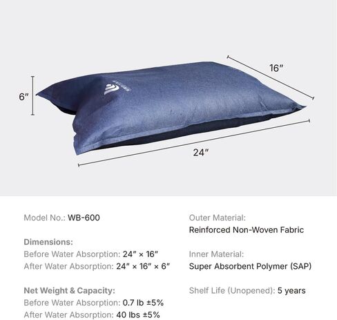 أكياس رمل WEIBAO Standard Tech - 5 عبوات (24 بوصة × 16 بوصة)، أزرق داكن | دبليو بي-600-أ | حواجز الفيضانات التي يتم تنشيطها بالماء، وأكياس الرمل بدون رمل، ومانع المياه الماص in Kuwait