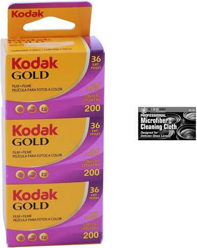 حزمة أفلام Kodak Gold 200 مقاس 35 مم، 3 بكرات، 36 تعريضًا لكل منها، لكاميرا فيلم مقاس 35 مم تتضمن قطعة قماش من الألياف الدقيقة الفاخرة - حزمة Kodak مكونة من 3 لفات in Kuwait