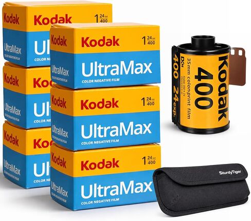 بكرة فيلم Kodak Ultramax 400 مقاس 35 مم (24 تعريضًا) - 6 لفات + حقيبة تخزين متينة لفيلم النمر، أسود in Kuwait