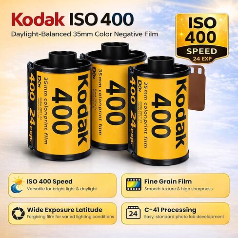 بكرة فيلم Kodak Ultramax 400 مقاس 35 مم (24 تعريضًا) - 6 لفات + حقيبة تخزين متينة لفيلم النمر، أسود in Kuwait