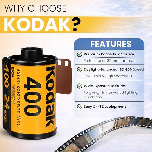 بكرة فيلم Kodak Ultramax 400 مقاس 35 مم (24 تعريضًا) - 6 لفات + حقيبة تخزين متينة لفيلم النمر، أسود in Kuwait