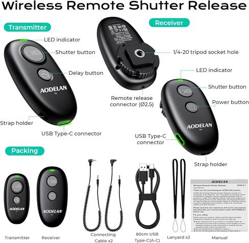AODELAN USB-C كاميرا لاسلكية قابلة للشحن إطلاق مصراع عن بعد لكانون EOS RP R6 المتمردين T7 T6 T5 T3 SL2 5D Mark II III IV 6D Mark II 7D Mark II 7D Series 5D in Kuwait