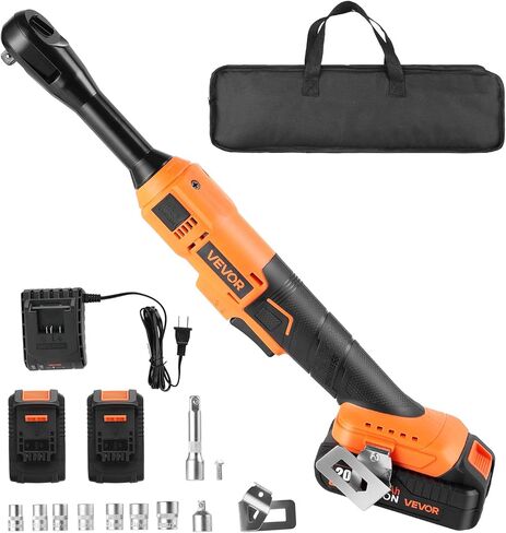 VEVOR Cordless Ratchet Wrench, 3/8 inch Drive, 230 RPM, up to 66 ft-lbs of Torque, Battery Powered Electric Ratchet Wrench Set with Two 2.0Ah Batteries, Charger, Sockets, Adaptors and Cloth Bag in Saudi Arabia