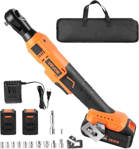 VEVOR Cordless Ratchet Wrench, 3/8 inch Drive, 230 RPM, up to 66 ft-lbs of Torque, Battery Powered Electric Ratchet Wrench Set with Two 2.0Ah Batteries, Charger, Sockets, Adaptors and Cloth Bag in Saudi Arabia