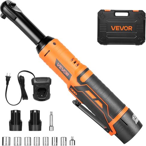 VEVOR Cordless Ratchet Wrench, 3/8 inch Drive, 230 RPM, up to 66 ft-lbs of Torque, Battery Powered Electric Ratchet Wrench Set with Two 2.0Ah Batteries, Charger, Sockets, Adaptors and Cloth Bag in Saudi Arabia