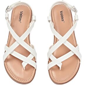 صنادل Veittes النسائية المسطحة Gladiator، تصميم حزام الكاحل المتقاطع، نعل غير قابل للانزلاق، صنادل مفتوحة من الأمام للشاطئ بحلقة أصابع القدم in Kuwait