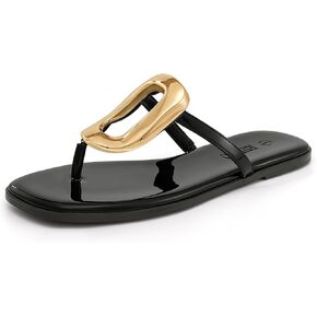 صنادل Rihero Flip Flops للنساء، صنادل مسطحة مريحة بمقدمة مربعة سهلة الارتداء في الصيف على الشاطئ مع زخرفة معدنية in Kuwait