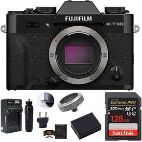 حزمة هيكل كاميرا FUJIFILM X-T30 III بدون مرآة، تتضمن: بطاقة ذاكرة SanDisk Extreme PRO SDXC بسعة 128 جيجابايت، وبطارية احتياطية والمزيد (6 عناصر) (فضي) in Kuwait