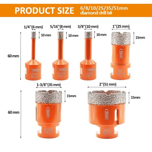 BGTEC 6pcs Dry Diamond Core Drill Bits Set for Porcelain Tile Ceramic Marble Brick Hole Saw Mixed 6/8/10/25/35/50MM in Saudi Arabia