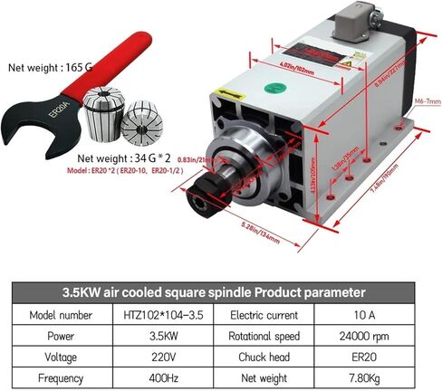 3.5KW spindle motor 220v ER20 400hz 24000RPM + ER20A wrench + 2 pcs ER20 chuck 1/2 inch 10mm in Saudi Arabia