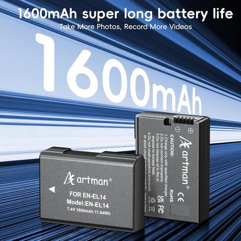Artman EN-EL14 EN-EL14a بطارية 1600 مللي أمبير (عبوة من قطعتين) وشاحن بفتحتين مع شاشة LCD لكاميرات Nikon D3100 D3200 D3300 D3400 D3500 D5100 D5200 D5300 D5500 D5600 DF Coolpix P7000 P7100 P7700 P7800 in Saudi Arabia