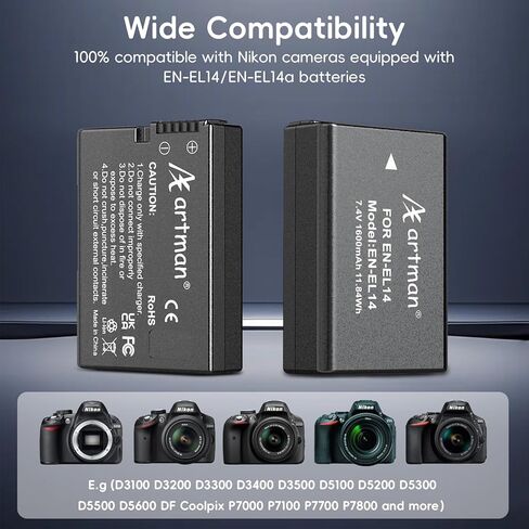 Artman EN-EL14 EN-EL14a بطارية 1600 مللي أمبير (عبوة من قطعتين) وشاحن بفتحتين مع شاشة LCD لكاميرات Nikon D3100 D3200 D3300 D3400 D3500 D5100 D5200 D5300 D5500 D5600 DF Coolpix P7000 P7100 P7700 P7800 in Saudi Arabia