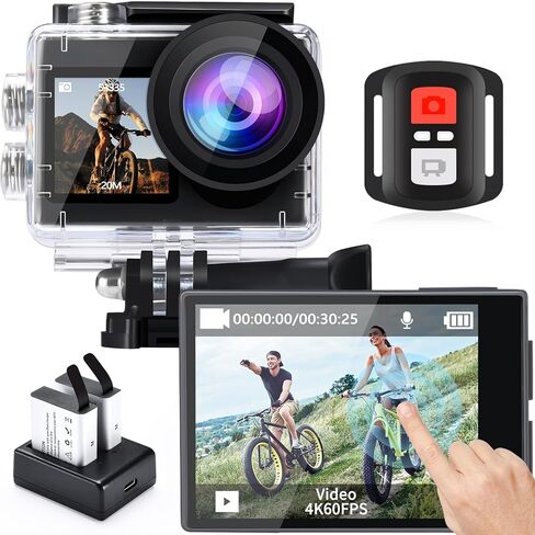 كاميرا Icefox Action 4K 60FPS 20MP، تحت الماء مع EIS، 5XZoom، دعم التطبيق لتحرير الفيديو والصور، كاميرا مقاومة للماء واي فاي للتحكم عن بعد لركوب الدراجات والسباحة والغوص in Kuwait