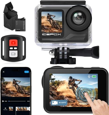كاميرا Icefox Action 4K 60FPS 20MP، تحت الماء مع EIS، 5XZoom، دعم التطبيق لتحرير الفيديو والصور، كاميرا مقاومة للماء واي فاي للتحكم عن بعد لركوب الدراجات والسباحة والغوص in Kuwait