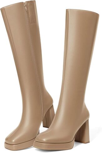 Coutgo Women’s Knee High Boots Platform Chunky High Heel Square Toe Side Zipper Gogo Boots Shoes in Saudi Arabia