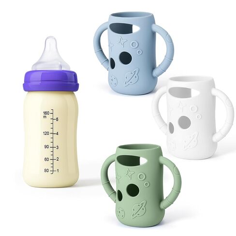 Mity Rain 3 Pack Silicone Sleeves لزجاجات Lansinoh 5 أوقية - حامل زجاجة طفل مضاد للكسر ، متوافق مع زجاجات زجاجية Lansinoh للأطفال مع مقبض in Kuwait