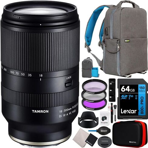 عدسة تكبير Tamron 18-300 مم F/3.5-6.3 Di III-A VC VXD لكاميرات Canon RF Mount APS-C بدون مرآة طراز B061 مع حقيبة ظهر للتصوير الفوتوغرافي ديكو جير + مجموعة مرشح FLD وملحقات مستقطب الأشعة فوق البنفسجية in Kuwait