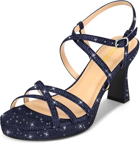 PIZZ ANNU Women's Stellora Platform High Heels Block Chunky Strappy Sparkly Rhinestone Open Toe Ankle Strap Dress Pump Sandals Shoes for Party Wedding in Kuwait