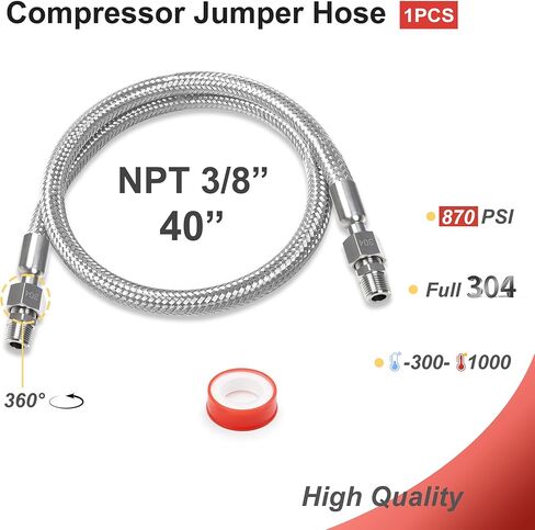 خرطوم قافز لضاغط الهواء مقاس 3/8 بوصة × 40 بوصة - قلب مموج من الفولاذ المقاوم للصدأ، غلاف حماية مضفر، 870 رطل لكل بوصة مربعة، أطراف دوارة مقاس 3/8 بوصة NPT in Kuwait