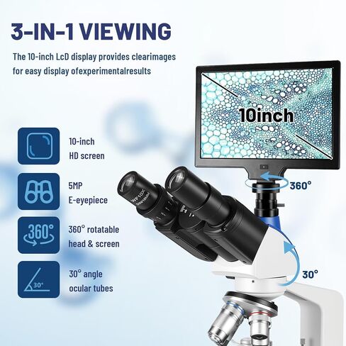 Lab Compound Trinocular Microscopes 40X-2500X Magnification with10 inch LCD,6MP Electronic Eyepiece, 0.5X CTV High Definition Adapter,Two-Layer Mechanical Stage,10X 25X Eyepiece in Kuwait