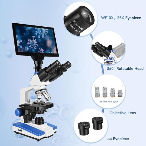 Lab Compound Trinocular Microscopes 40X-2500X Magnification with10 inch LCD,6MP Electronic Eyepiece, 0.5X CTV High Definition Adapter,Two-Layer Mechanical Stage,10X 25X Eyepiece in Kuwait