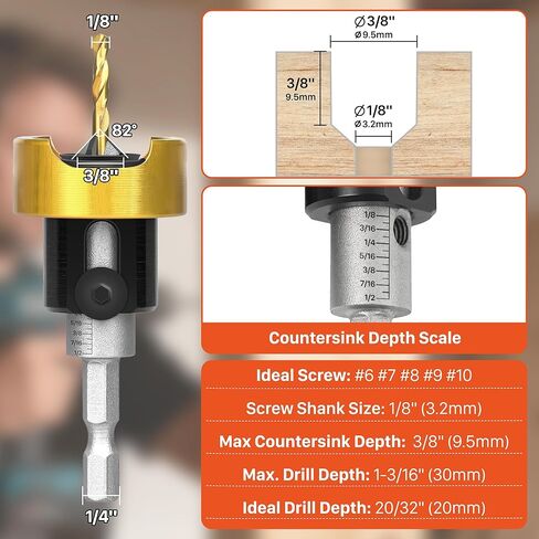 EASEWORK TOOL لقمة مثقاب غاطسة مائلة من الكربيد، قطر غاطس 3/8 بوصة × قطر مثقاب 1/8 بوصة × ساق 1/4 بوصة، توقف عمق قابل للتعديل مع محمل كروي للحصول على لمسة نهائية خالية من العيوب على الخشب والبلاستيك والألومنيوم in Kuwait