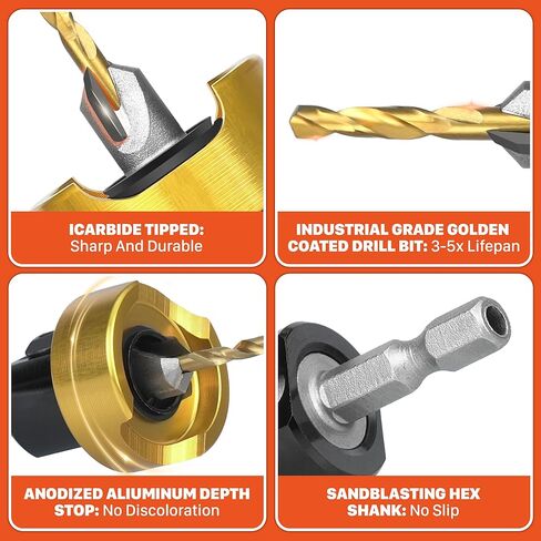 EASEWORK TOOL لقمة مثقاب غاطسة مائلة من الكربيد، قطر غاطس 3/8 بوصة × قطر مثقاب 1/8 بوصة × ساق 1/4 بوصة، توقف عمق قابل للتعديل مع محمل كروي للحصول على لمسة نهائية خالية من العيوب على الخشب والبلاستيك والألومنيوم in Kuwait