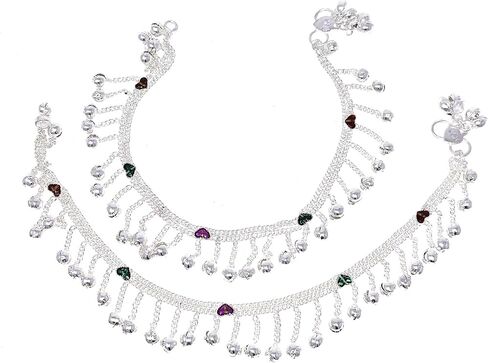 زوج خلخال على شكل جرس مطلي بالفضة من Duel On Jewel مع لمسات مستديرة سوداء، مقاس 10 بوصات للشاطئ ومجوهرات مريحة للاستخدام اليومي من Payal Jhanjar Ghungroo - مثالية للهدايا، وحفلات الزفاف، ومناسبات الرقص والحفلات in Kuwait