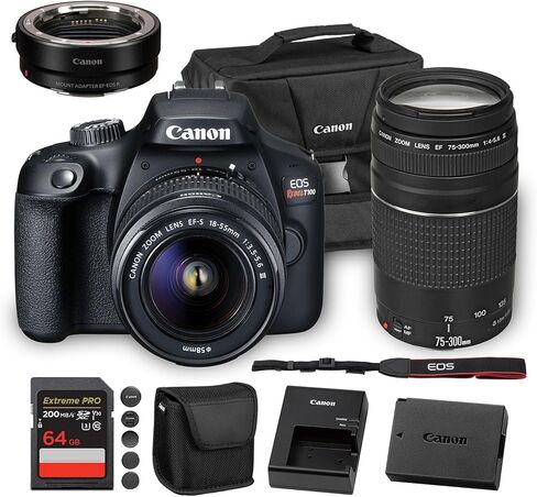 كاميرا كانون EOS Rebel T100 DSLR مع عدسة 18-55 ملم | مستشعر APS-C بدقة 18 ميجابكسل، وواي فاي مدمج وفيديو عالي الدقة | للمبتدئين والسفر والتصوير اليومي (2628C029) + عدسة EF 75-300 مم f/4-5.6 III + المزيد in Kuwait